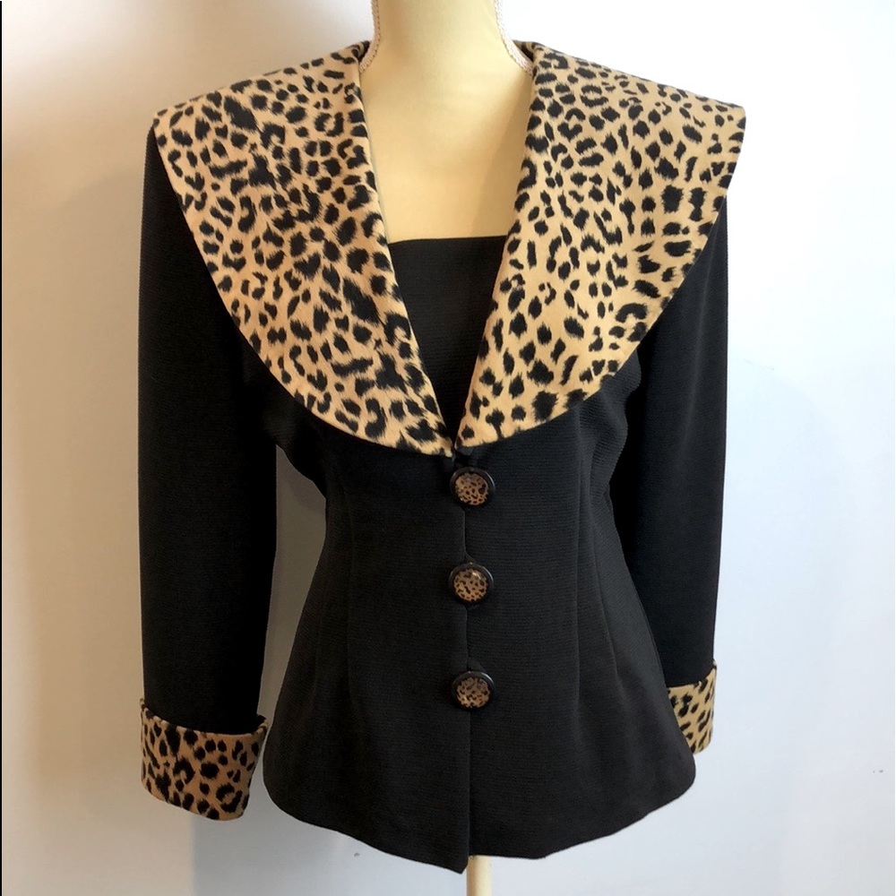 Vintage Joseph Ribkoff Blazer Black with Faux Leopard Trim